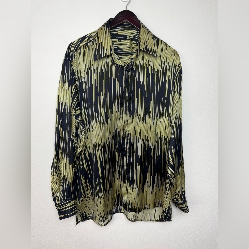 Vintage Genelli Mens Button Up Silk Shirt Large Retro Black Green Abstract